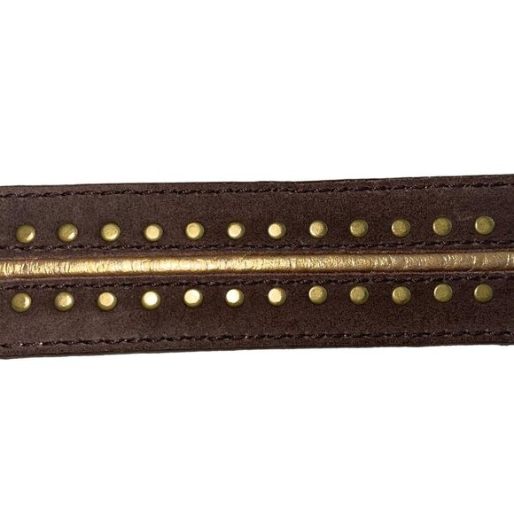 Michael Kors Belt Size Medium Brown Suede Gold Leather Trim Wide Brass Buckle - Picture 12 of 12